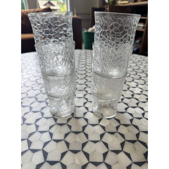 Set Of 6 Vintage Crackle Glass Juice Glasses 4" x 3" Clear Textured Drinkware - Picture 2 of 7
